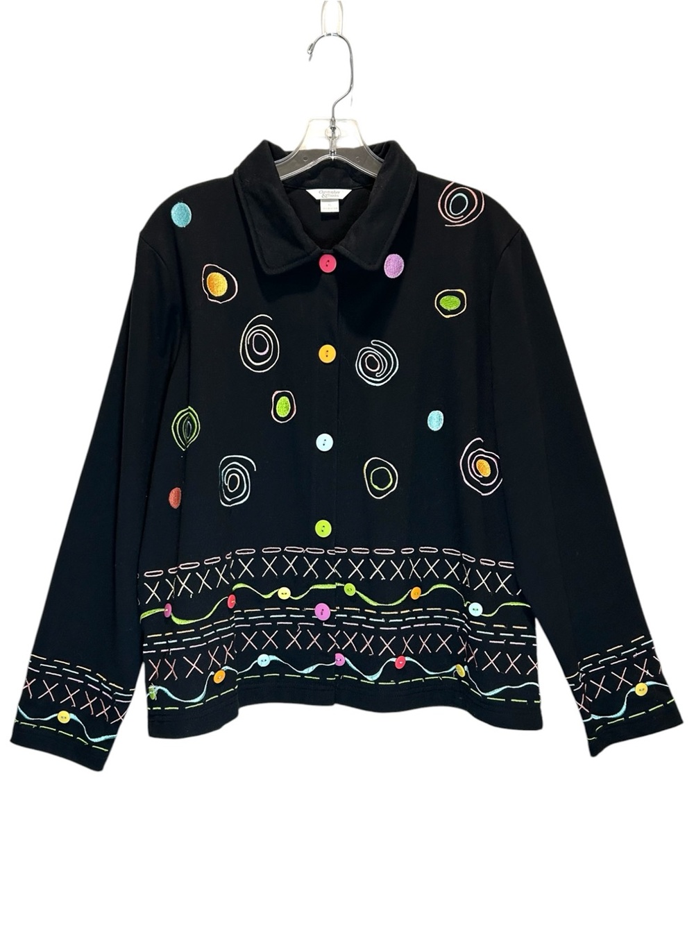 Black Button-Front Cotton Blend Jacket w/ Colorful Embroidery - Extra Large
